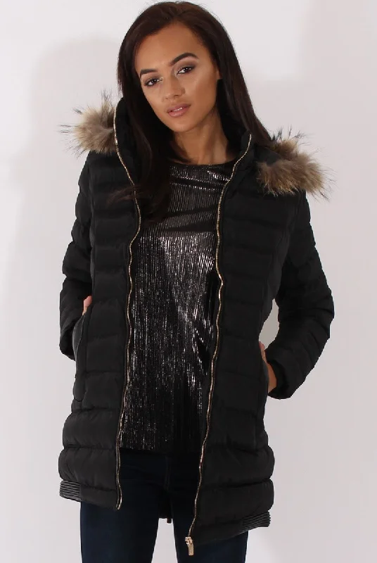 Black Long Quilted Coat with Faux Fur Hood - Calypso