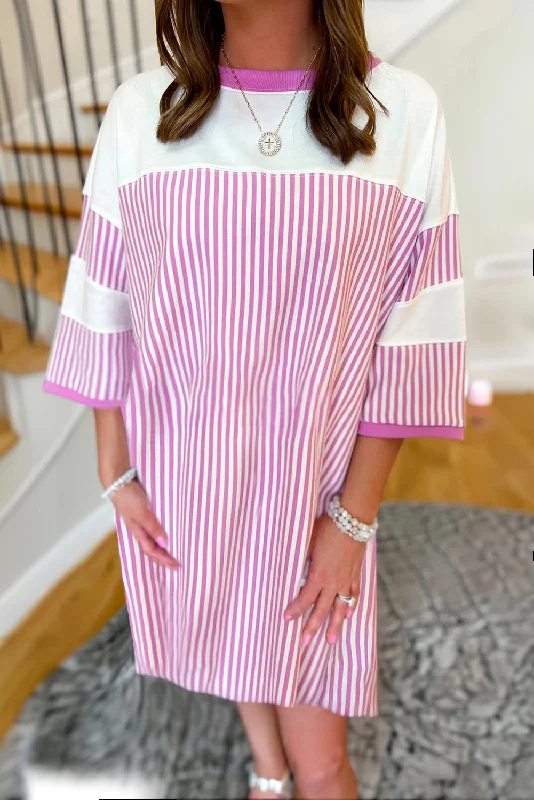 Seasonal Clearance Phalaenopsis Striped Patchwork Three Quarters Sleeve Loose Mini Dress