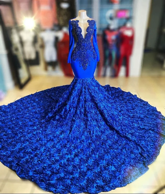 Price Drop Alert elegant evening dressRoyal Blue V-Neck Long Sleeve Mermaid Prom Dress Flowers Bottom Y1372