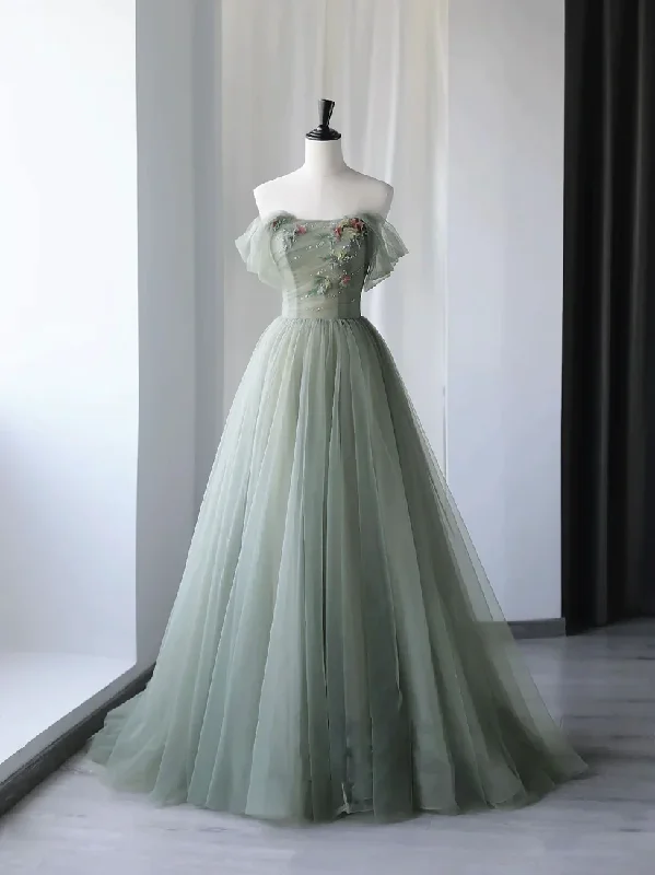 Year-End Sale romantic dressGray Green Tulle Off Shoulder Long Prom Dress, Gray Green Formal Graduation Dresses Y1292