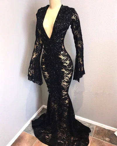 elegant shift dressSexy Long Sleeves Black Mermaid Prom Dress Lace V-neck Long Y1859