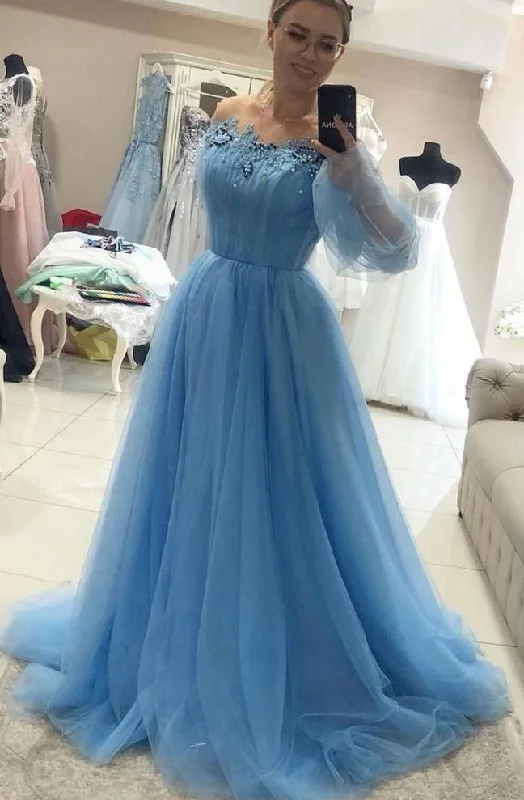 Today's Special Off the Shoulder Tulle Long Prom Dresses with Appliques and Beading GJS383
