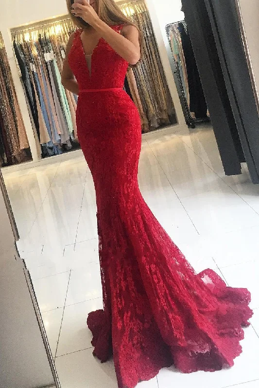 Don't Wait Glamorous Red Wide Strap Lace Evening Dress V-neck Long