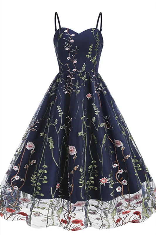 Savings Bonanza mini dressStraps Navy Blue Floral Embroidery Short Dress