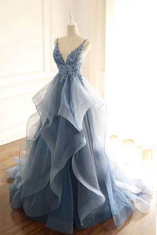Online Exclusive Gorgeous V Neck Spaghetti Straps Dark Blue Prom Dress With Ruffles GJS605