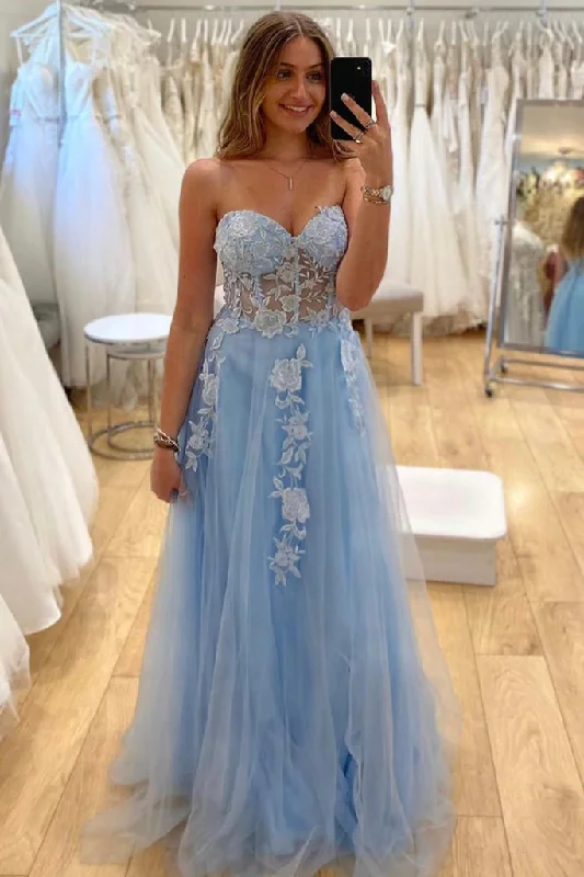 Super Deal Sweetheart Neck Strapless Blue Lace Appliques Tulle Long Prom Dress GJS694