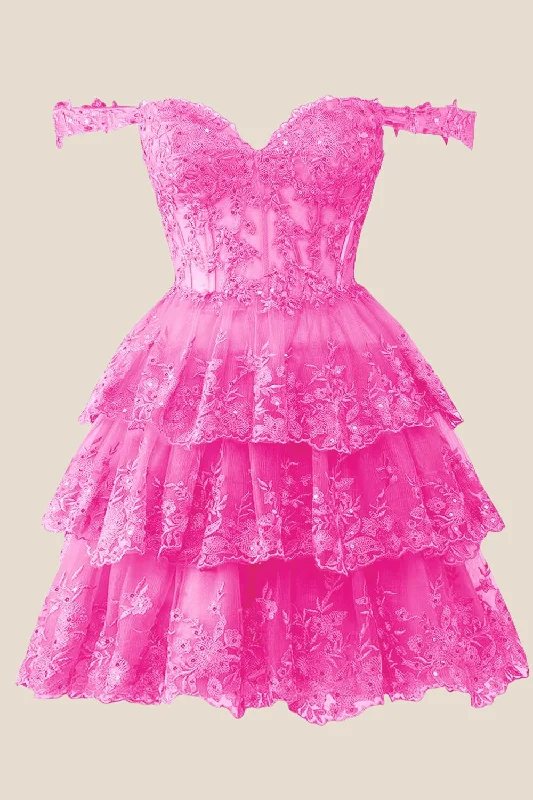 Best Bargains casual midi dressHot Pink Lace Appliques Ruffle A-line Dress