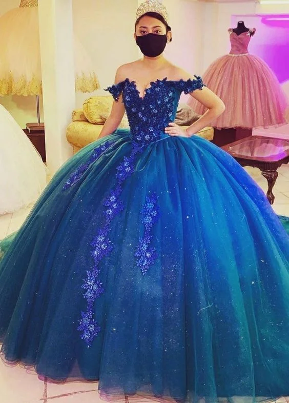 Crazy Deals chic dressElegant Off The Shoulder Blue Ball Gown,Princess Dress Y1085