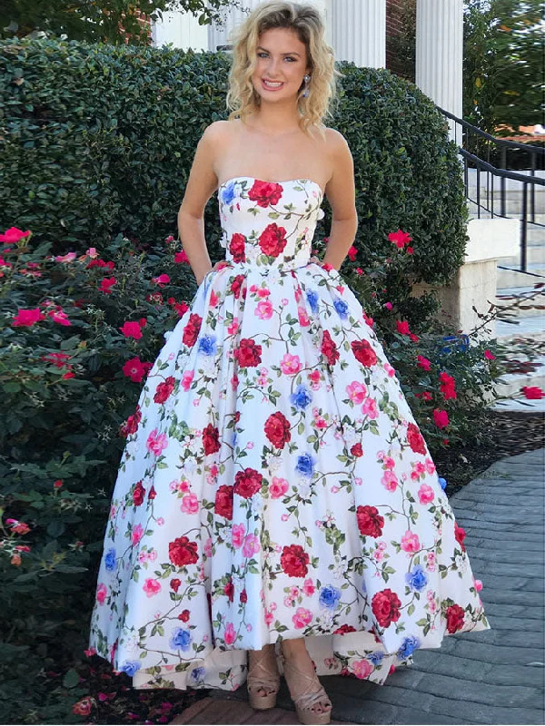 Last Chance High Low Prom Dresses Strapless A-line Floral Print Long Prom Dress JKL907