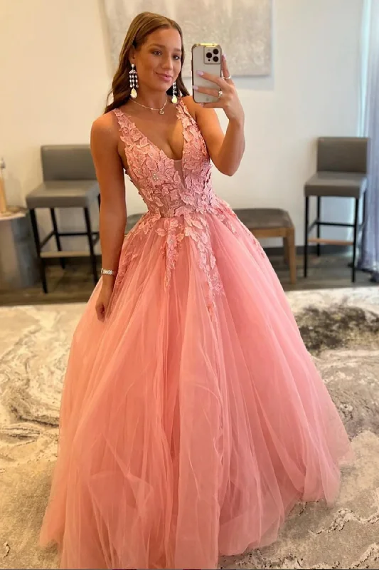 Limited Time Offer casual dressV Neck Open Back Beaded Pink Lace Long Prom Dresses, Pink Tulle Formal Dresses with Lace Appliques Y373 Limited Time Offer casual dressV Neck Open Back Beaded Pink Lace Long Prom Dresses, Pink Tulle Formal Dresses with Lace Appliques Y373