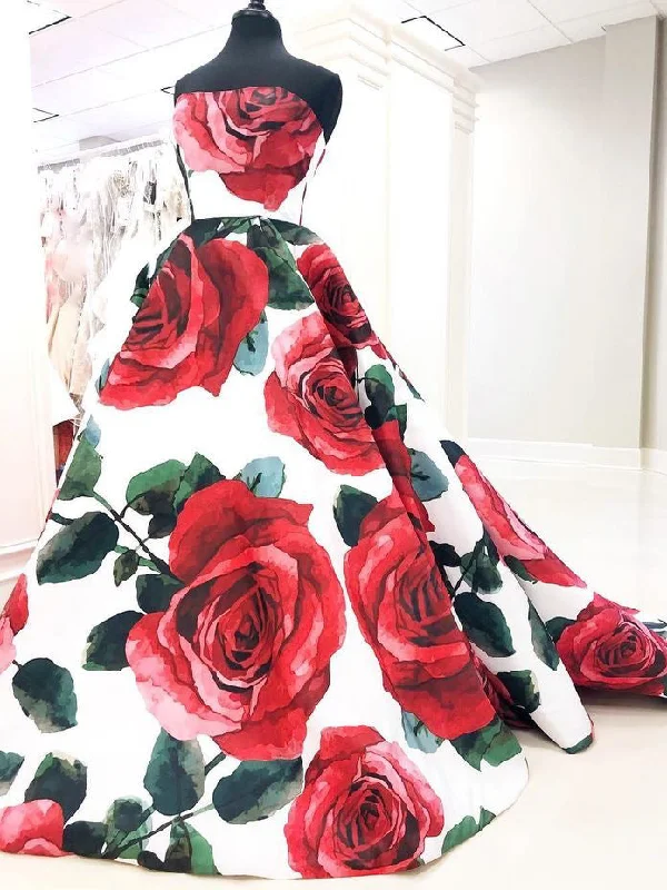 Super Savings Ball Gown Prom Dresses Rose Floral Print Sweep Train Long Prom Dress JKL915