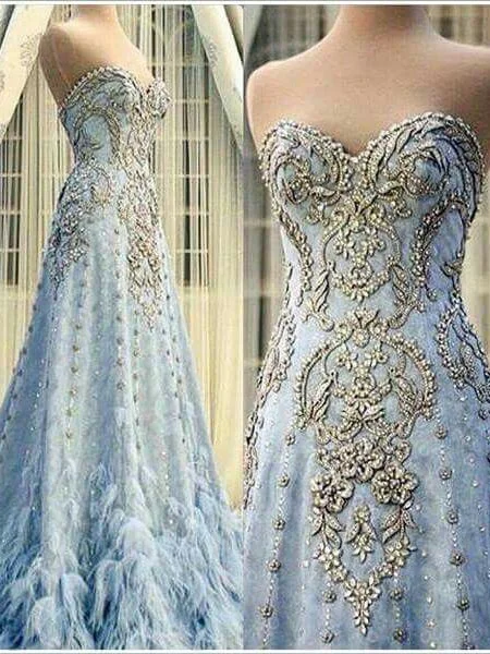 Online Exclusive Luxury Prom Dresses Sweetheart A-line Sparkly Plume Long Prom Dress JKL989