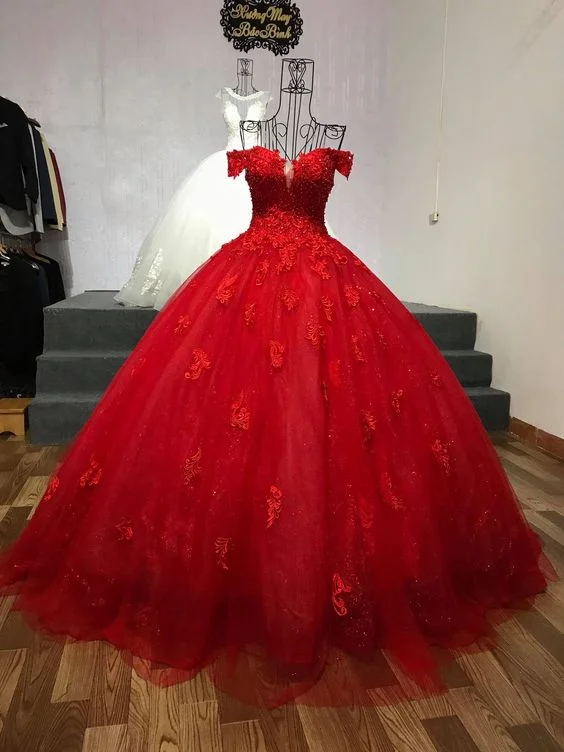 Discount Extravaganza fitted bodycon dressRed Off The Shoulder Lace Tulle Ball Gown Sweet 16 Dress Y1274