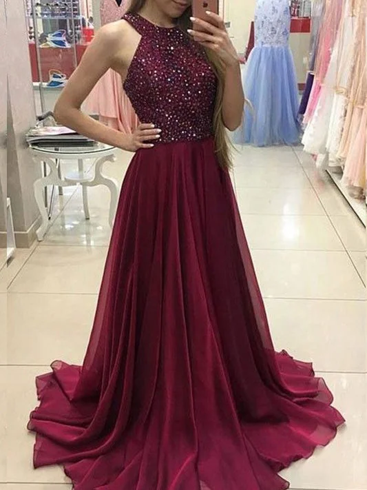 Hurry In Sexy Prom Dresses Rhinestone Halter Burgundy Long Prom Dress/Evening Dress JKL128