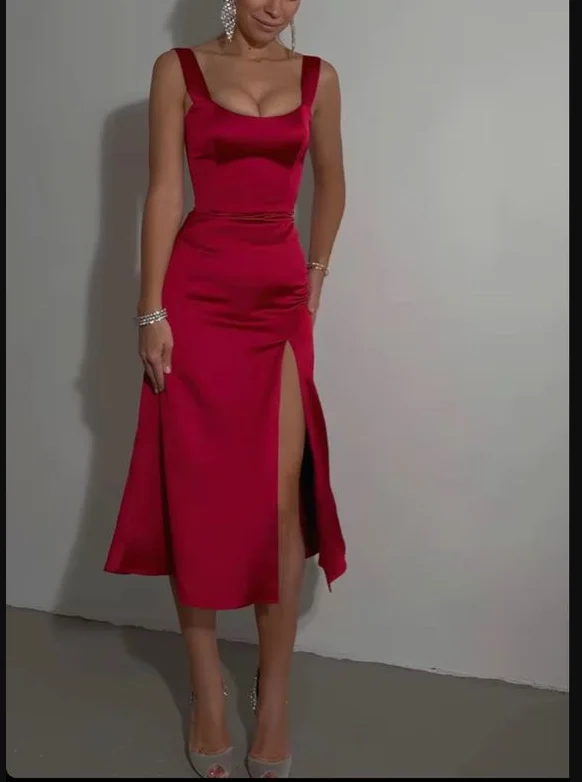 Major Savings casual slip dressMid Length Cocktail Dress Front Slit Long Party Dress Short Satin Prom Dresses Y695 Major Savings casual slip dressMid Length Cocktail Dress Front Slit Long Party Dress Short Satin Prom Dresses Y695