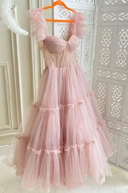 New Deals trendy dressRuffled Sleeves Tulle Prom Dress, Tiered Ruffled A-line Skirt, Bridesmaid Party Dress, Graduation Dress Y1246