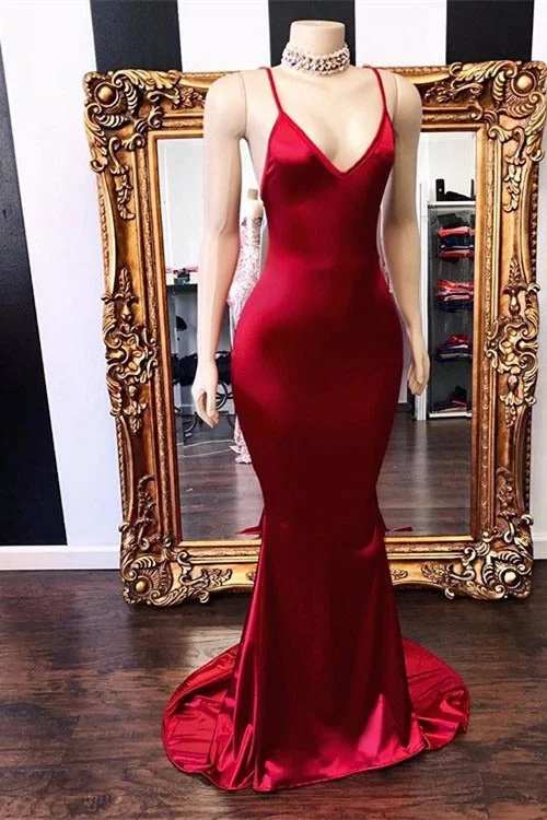 Special Savings Sexy Spaghetti Straps V-Neck Mermaid Prom Dress Red Long Chiffon