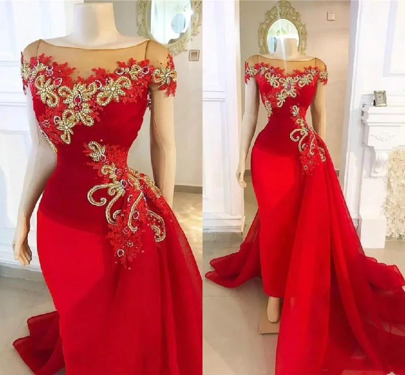 Super Bargain vintage-inspired dressred detachable skirt prom dresses cap sleeve lace applique beaded elegant luxury prom gown Y139