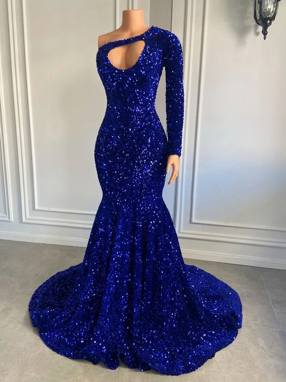 wrap dressLong Sparkly Prom Dress One Shoulder Royal Blue Sequin Mermaid Style Black Girls Prom Party Gowns Y1597