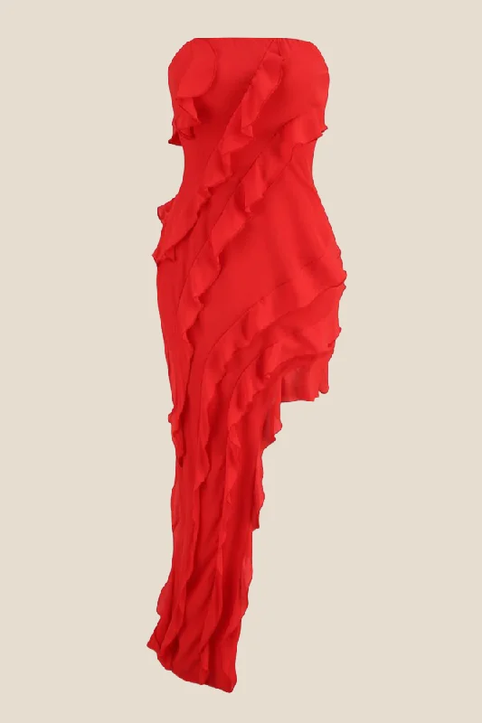 Price Drop elegant evening dressStrapless Red Ruffle Irregular Dress with Slit