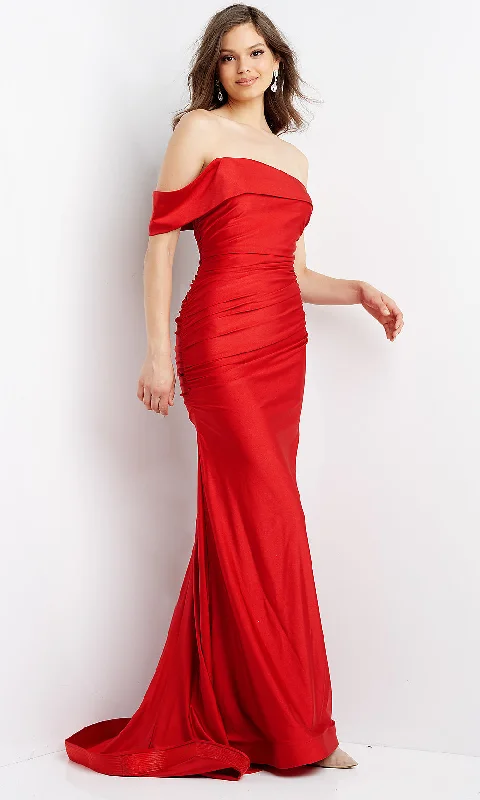 fitted bodycon dressLong JVN by Jovani Off-the-Shoulder Red Prom Dress