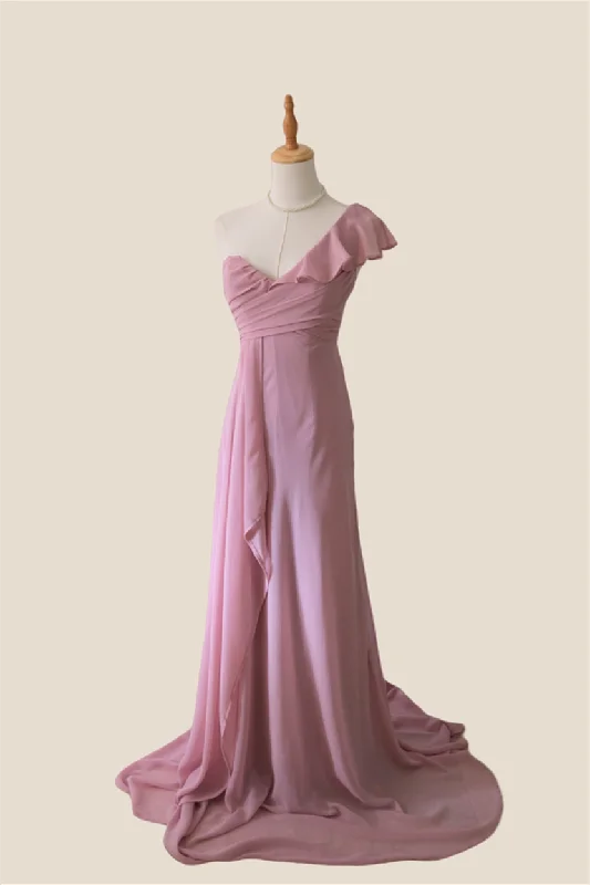 Special Savings trendy wrap dressOne Shoulder Dusty Pink Ruffle Bridesmaid Dress