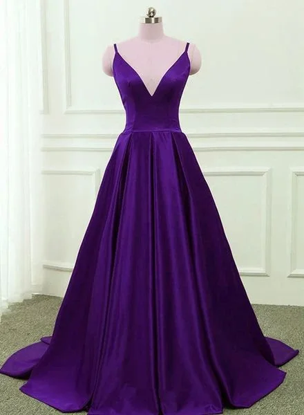 Super Deal sleek midi dressDark Purple Satin Cross Back Straps V-Neckline Party Dress, New Prom Dress Y1049