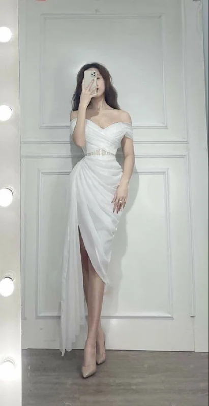 Bargain Bin casual knit dressCharming Off The Shoulder White Party Dress With Pleated,Elegant White Prom Dress  Y1141
