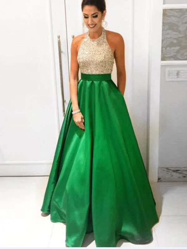 Blowout Sale hunter prom dresses A-line Halter Floor-length Satin Prom Dress Evening Dress MK282