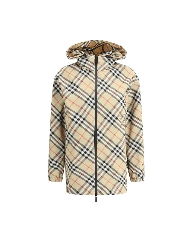 oversized coatBurberry High Collar Jacket with Adjustable Drawstring Hood and Archive Check Pattern