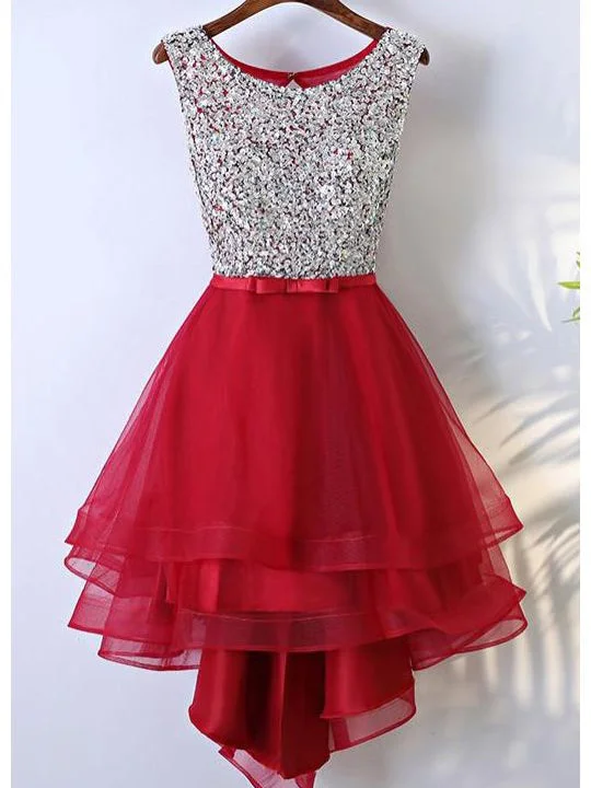 Seasonal Clearance High Low Homecoming Dresses Red Beading A line Short Prom Dress Cute Party Dress JK777