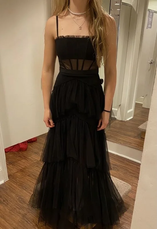 Steals and Deals satin midi dressElegant Black Spaghetti Straps Tulle Prom Dress,New Arrival Prom Dress Y1109