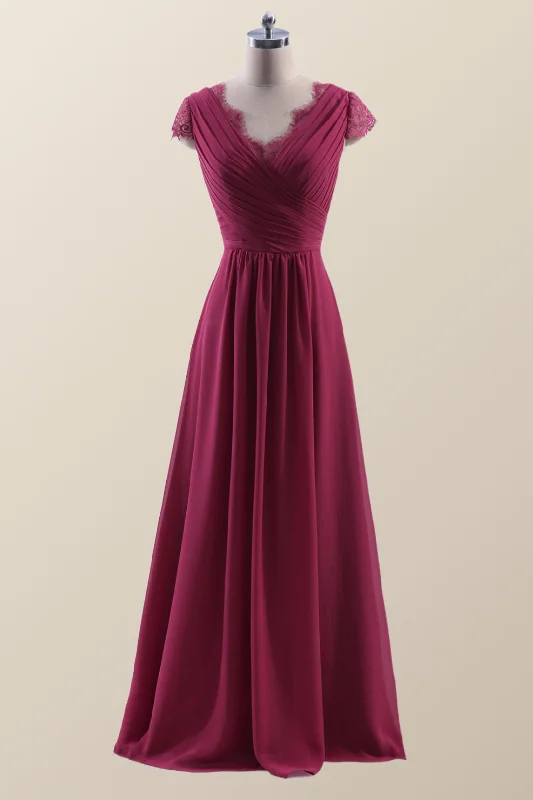 One-DAY Sale luxury dressCap Sleeves Burgundy Chiffon Long Bridesmaid Dress