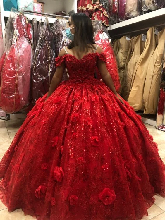 Limited Time ruched dressStunning Red Off The Shoulder Ball Gown ,3D Flowers Quinceanera Dress,Sweet 16 Dress  Y1219