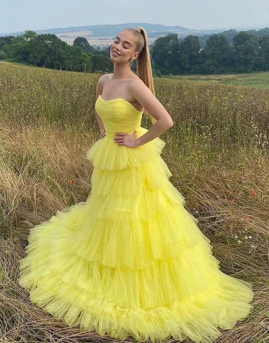 ashionable dressYellow Long Sweetheart Tulle Princess Prom Dresses Y1883