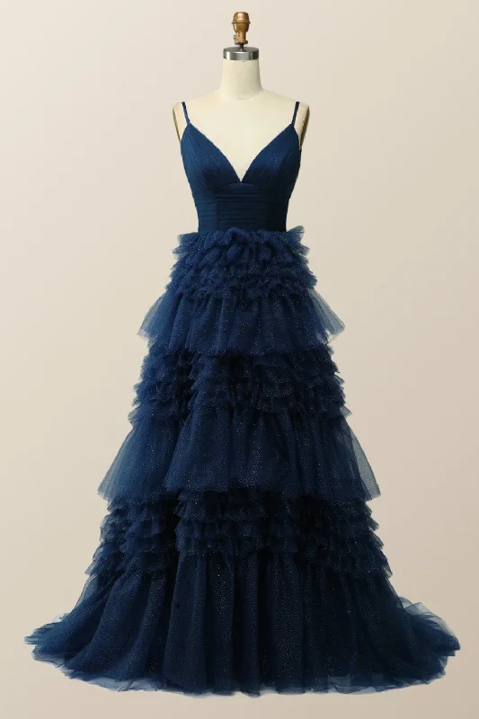 Stock Clearance high-waisted dressNavy Blue Tiered Ruffle Long Ball Gown with Straps Stock Clearance high-waisted dressNavy Blue Tiered Ruffle Long Ball Gown with Straps