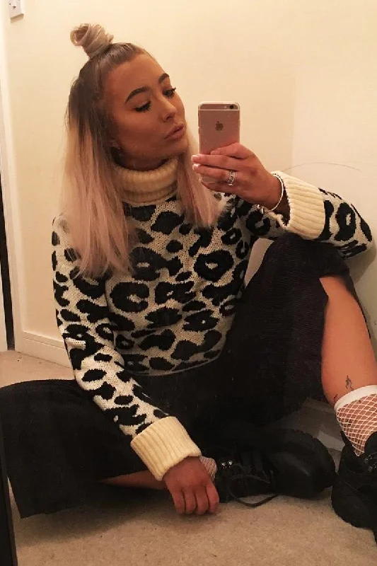 Instant Discount warm pullover sweatshirtApricot Leopard Crop Roll Neck Jumper - Halley