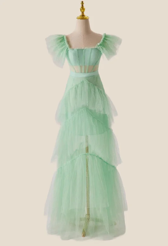 Huge Discounts casual midi dressMint Green Flare Sleeves Ruffles Long Party Dress