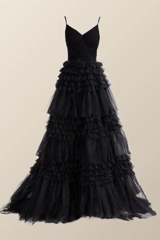 Discount Deals high-waisted dressBlack Tiered Ruffles A-line Long Dress