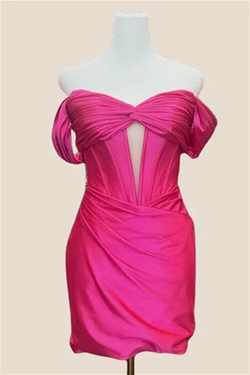 Price Drop midi dressOff the Shoulder Hot Pink Ruched Short Dress