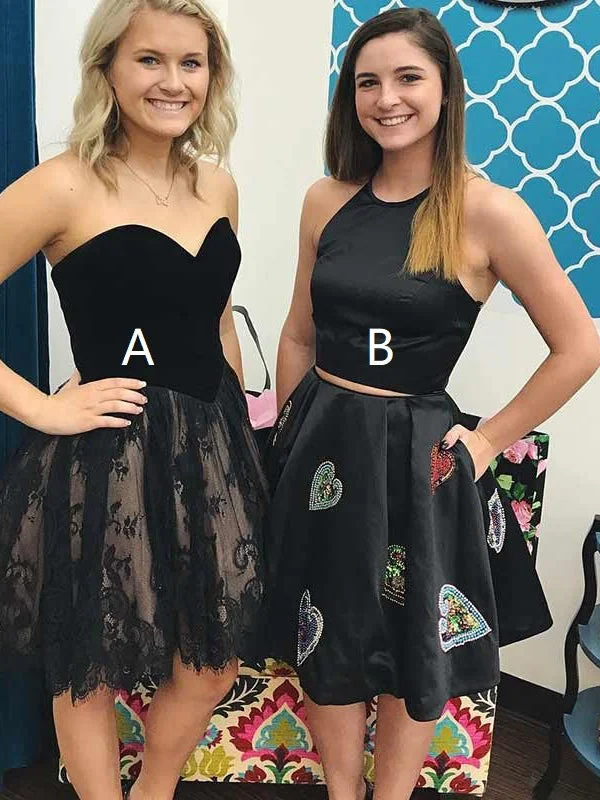 Lowest Prices Two Piece Homecoming Dresses Little Black Dress Lace Short Prom Dress Party Dress JK756