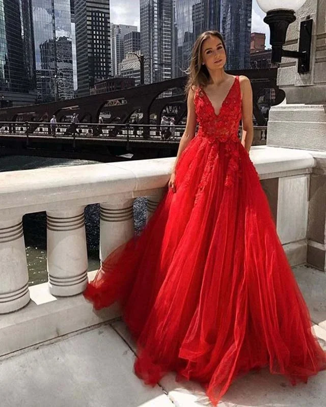 Price Cut Modest Tulle V-neck Appliques A-Line Long Prom Dress JKS8823