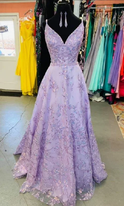 Exclusive Access stylish party dressA-line Spaghetti Straps V Neck Prom Dress,Lavender Graduation Dress Y1002