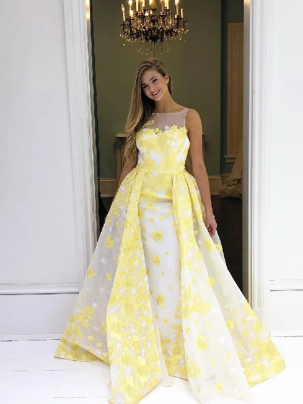 Deal Dash Chic A-line Bateau Daffodil Long Prom Dress Beautiful Beaded Applique Prom Dress Evening Formal Gowns JKG032