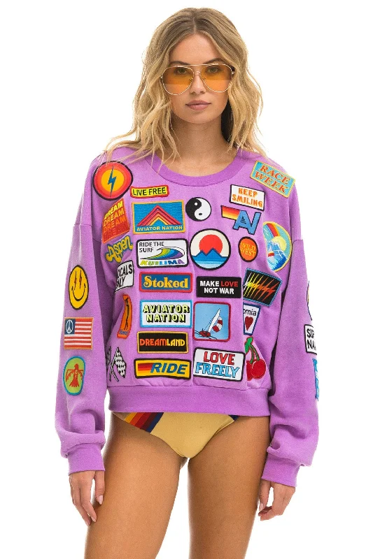 stylish athletic hoodieVINTAGE PATCH RELAXED CREW SWEATSHIRT - NEON PURPLE