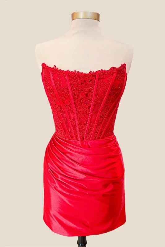 Limited Availability mini dressStrapless Red Lace and Satin Ruched Tight Dress