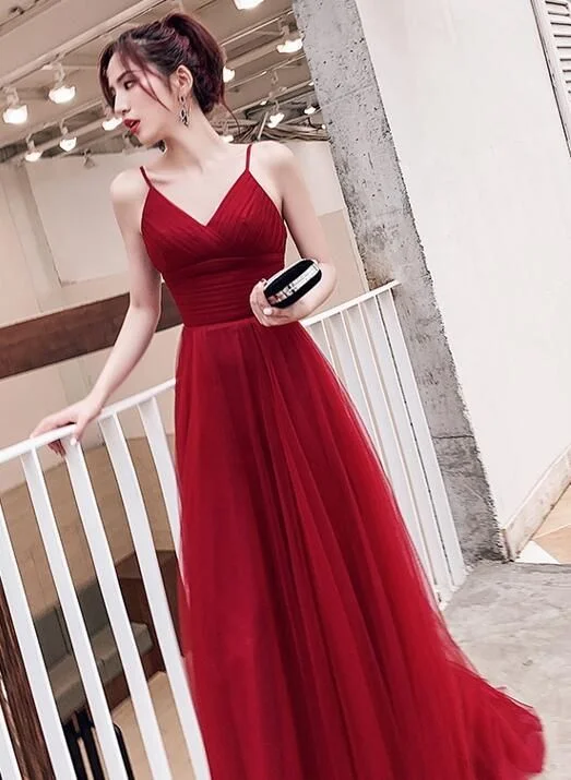Unbeatable Prices satin dressWine Red Simple Low Back Straps Tulle Prom Dress,  Formal Dress Y772