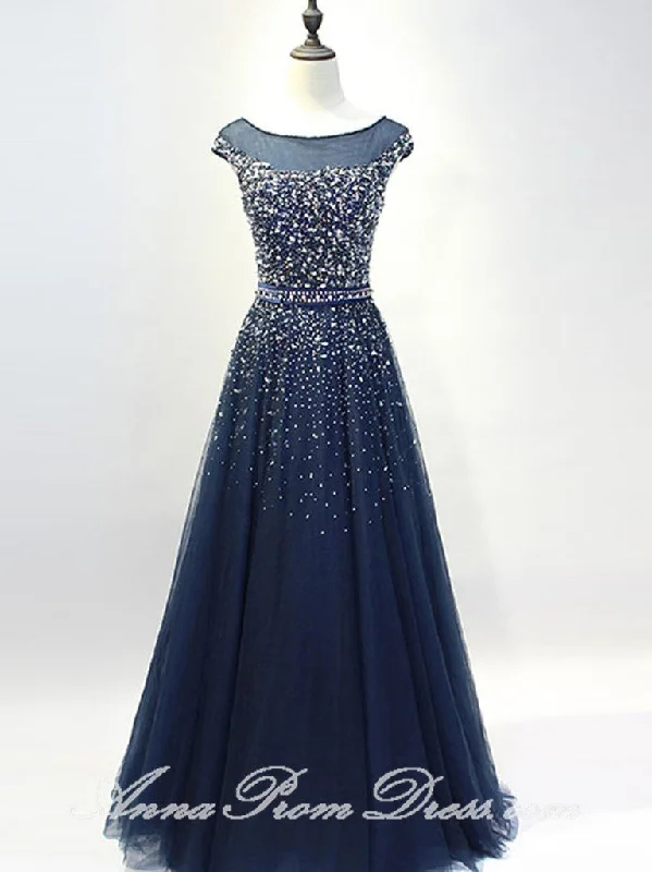 Low Prices Tulle Prom Dresses Bateau A Line Rhinestone Dark Navy Sexy Long Prom Dress JKL581