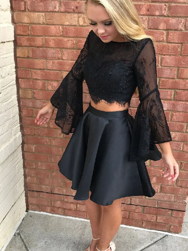 Act Now Two Piece Homecoming Dresses Little Black Dress Lace Short Prom Dress Sexy Party Dress JK749