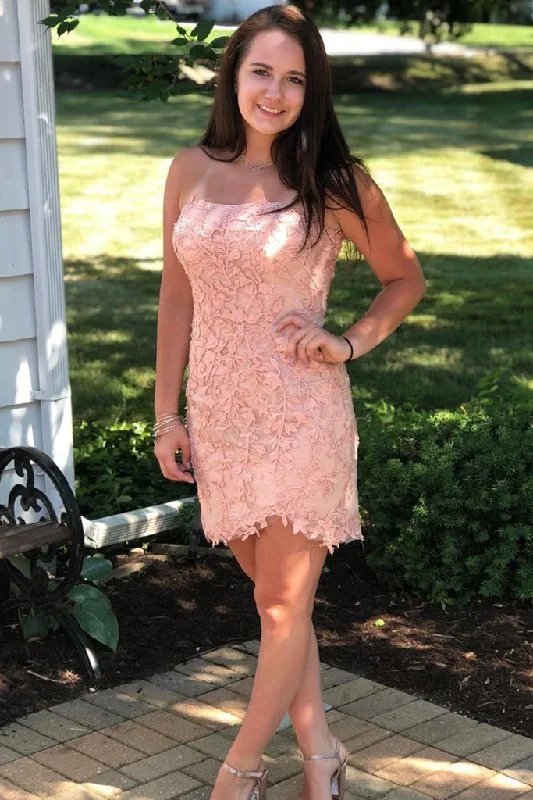 Price Slash Mermaid Strapless Red/Pink Lace Short Prom Homecoming Dress GJS688